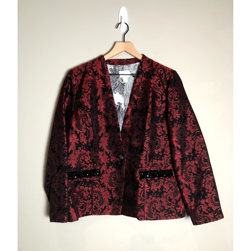 Chico's Renaissance Red Floral Elegant Brocade Beaded Blazer Jacket Sz L